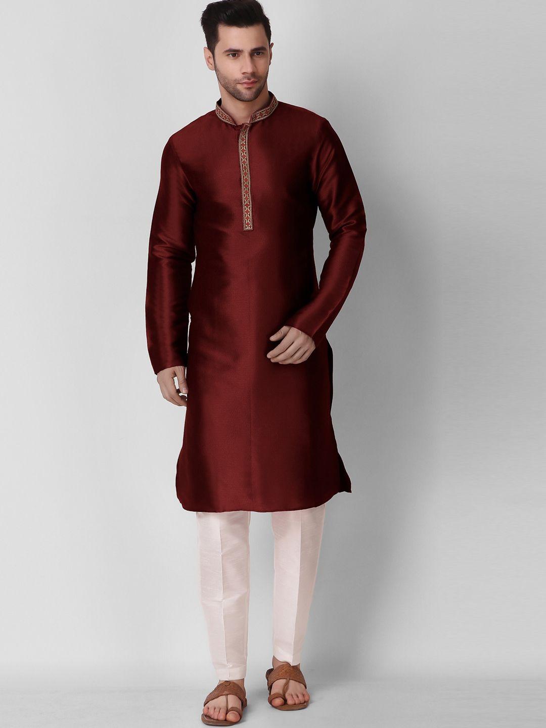 cult indie men maroon thread work jacquard kurta