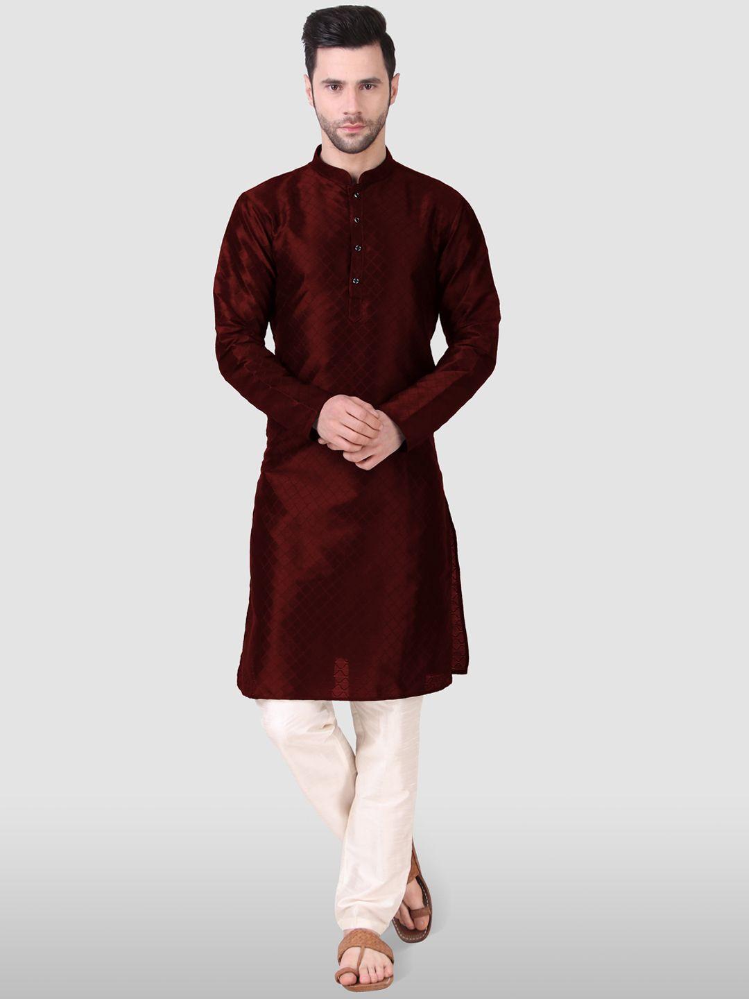 cult indie men maroon thread work jacquard pathani kurta