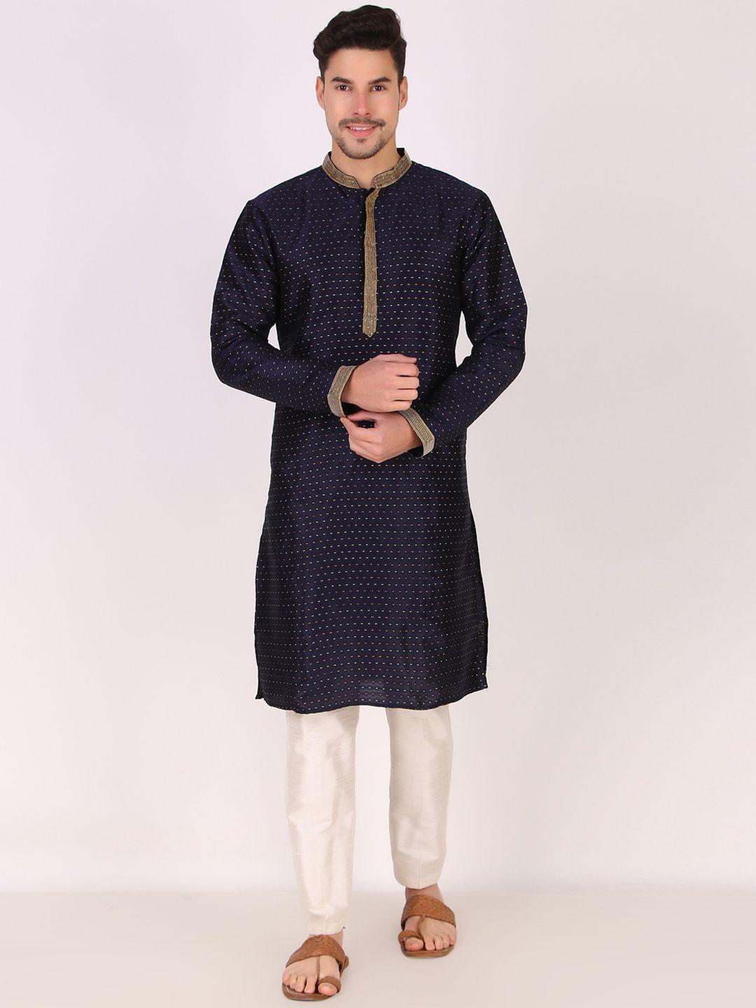 cult indie men navy blue striped thread work jacquard kurta