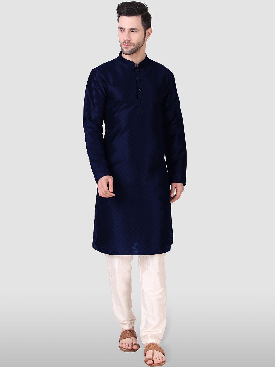 cult indie men navy blue thread work jacquard pathani kurta