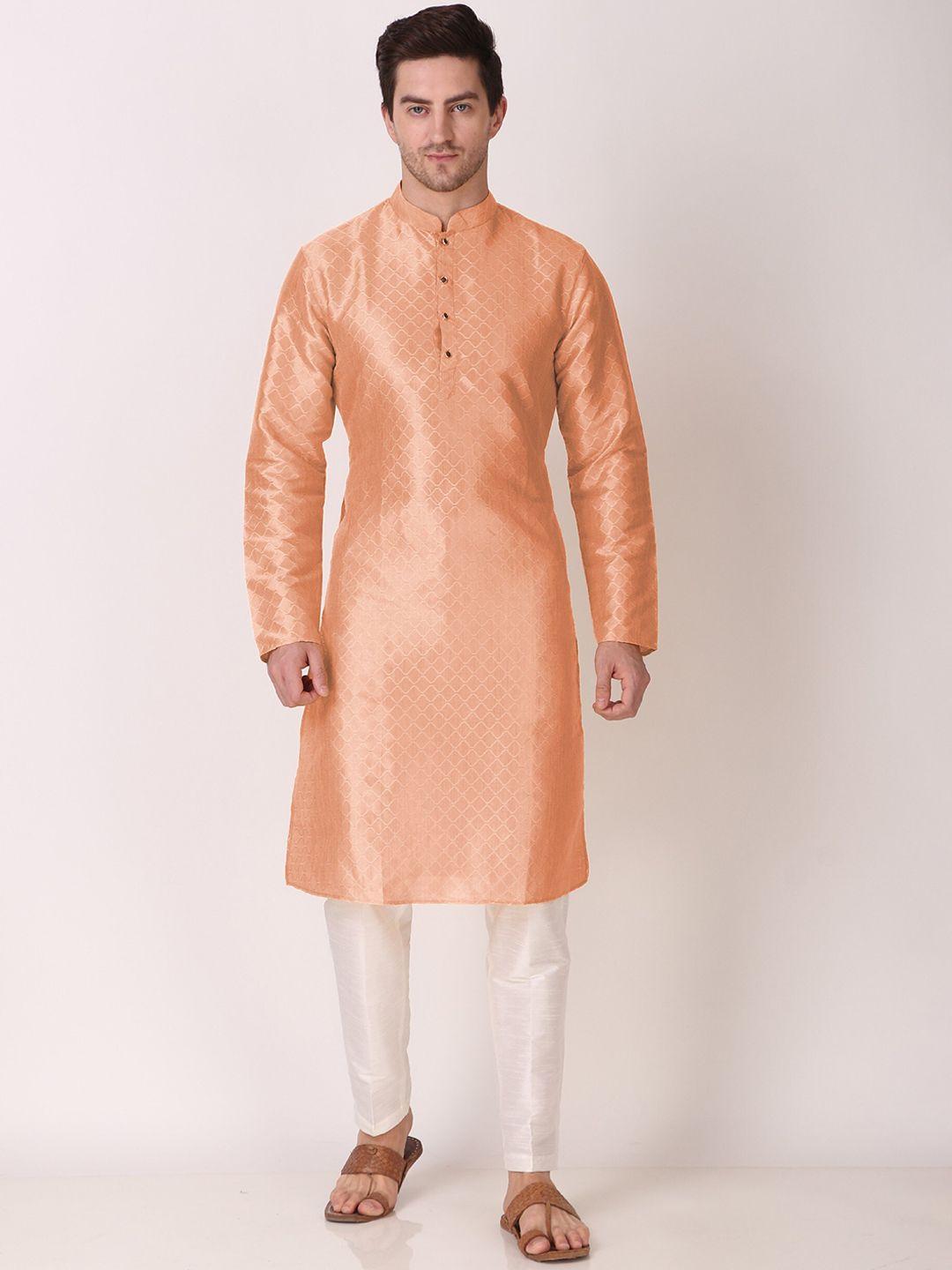 cult indie men peach-coloured flared sleeves jacquard kurta