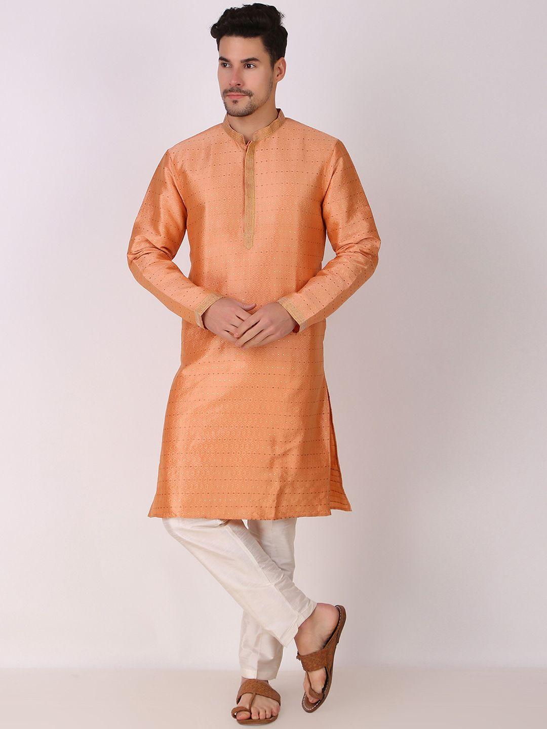 cult indie men peach-coloured thread work jacquard kurta