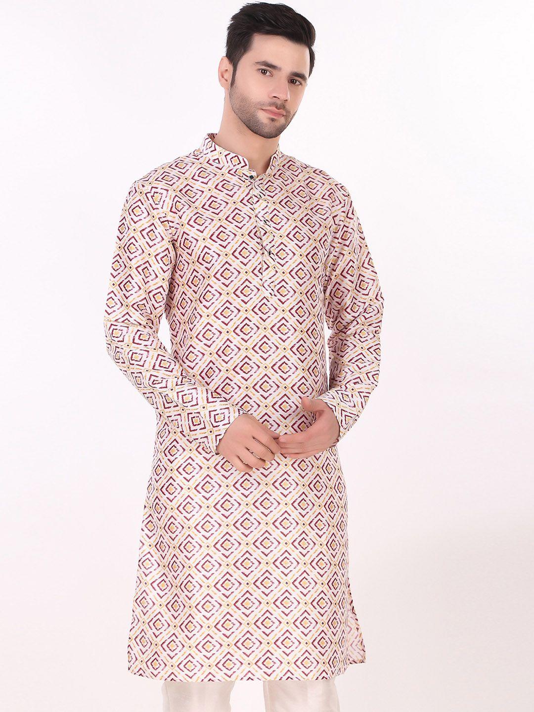 cult indie men white floral printed thread work jacquard kurta