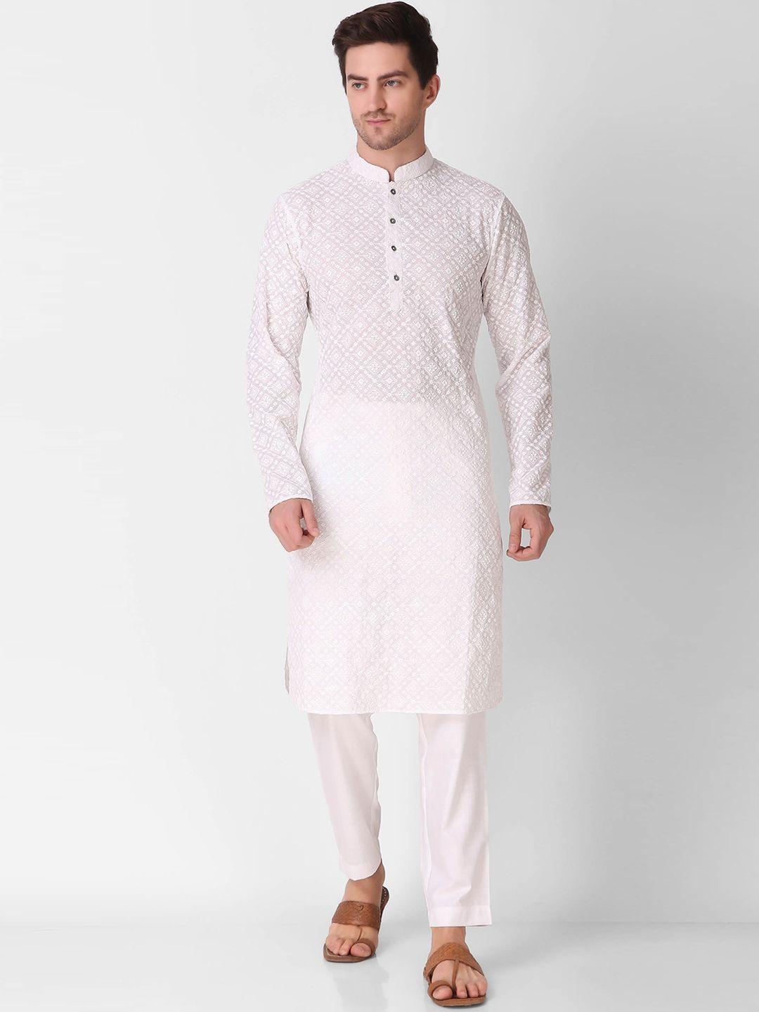 cult indie men white thread work jacquard kurta