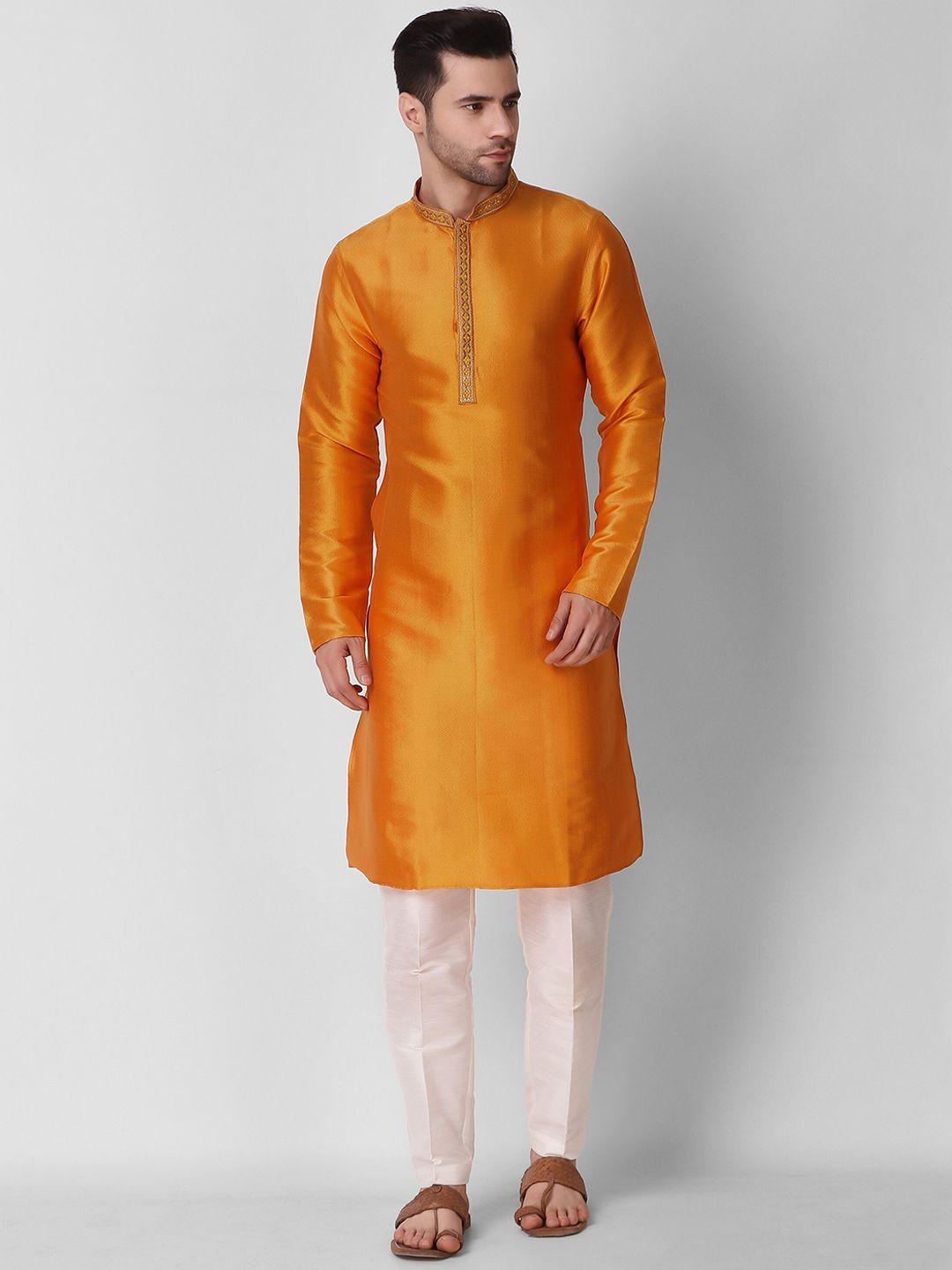 cult indie men yellow thread work jacquard kurta