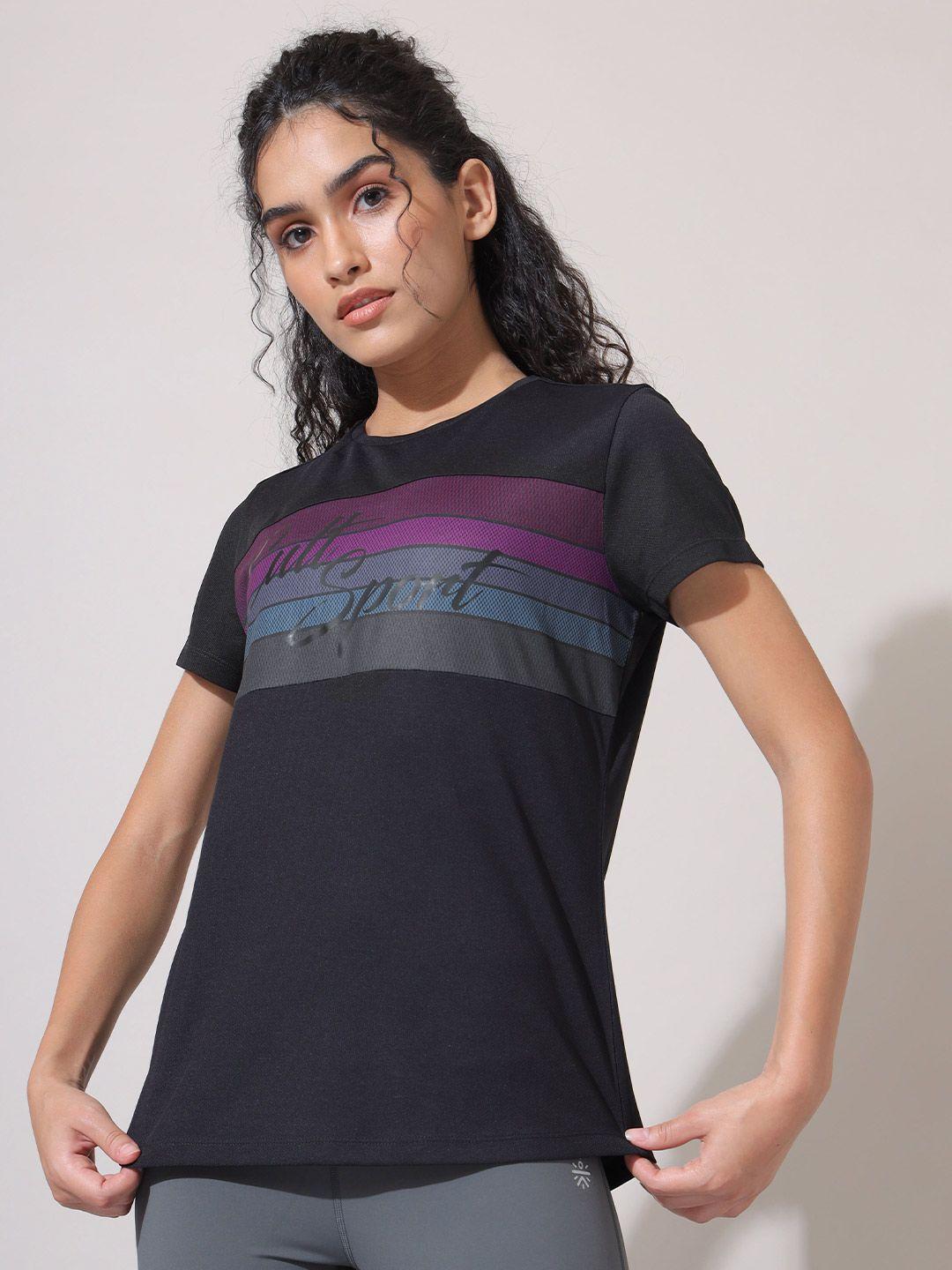 cultsport women black & multicoloured typography striped t-shirt