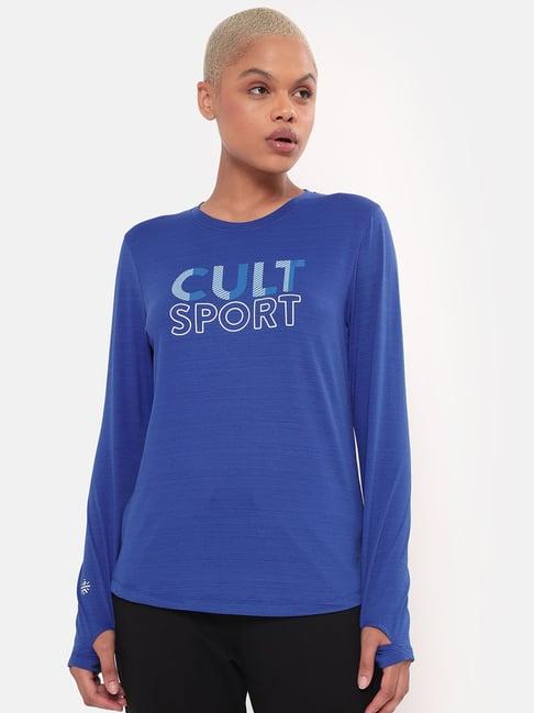 cultsport blue logo print t-shirt with thumb opening