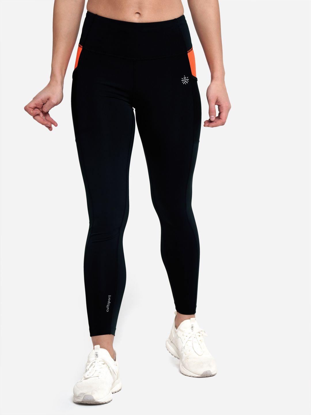 cultsport women black & orange antimicrobial fly dry absolute-fit tights