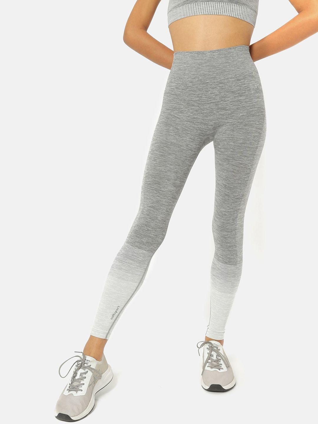 cultsport women grey melange & white colourblocked seamless form sports leggings