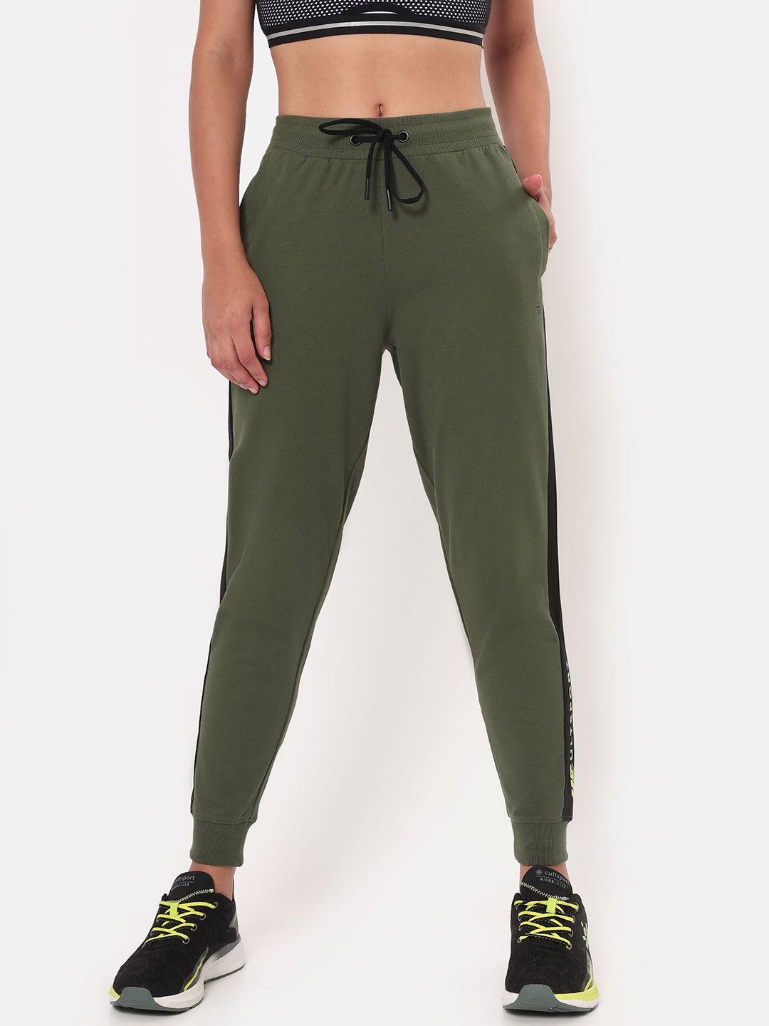 cultsport women olive green solid cotton joggers