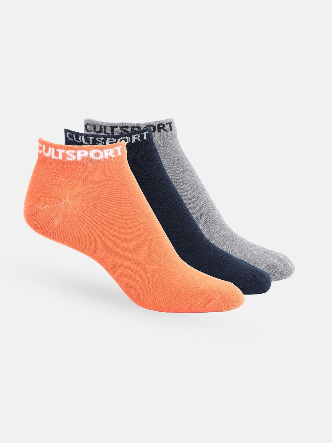 cultsport women pack of 3 grey & coral solid ankle-length socks