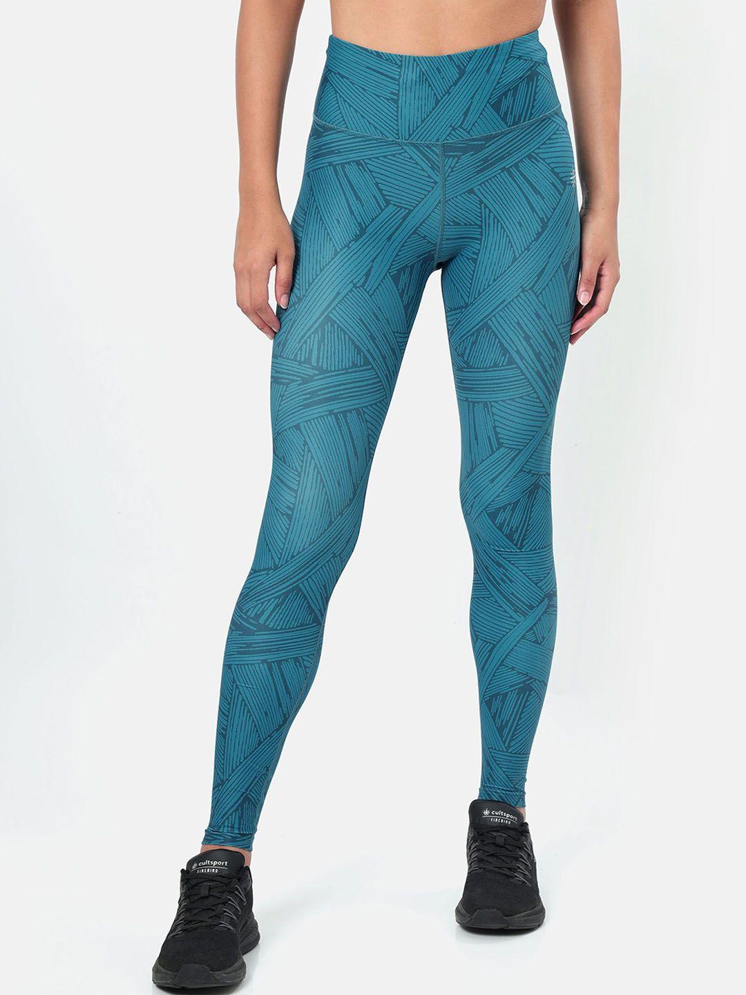 cultsport women teal blue & grey printed absolute fit sports tights