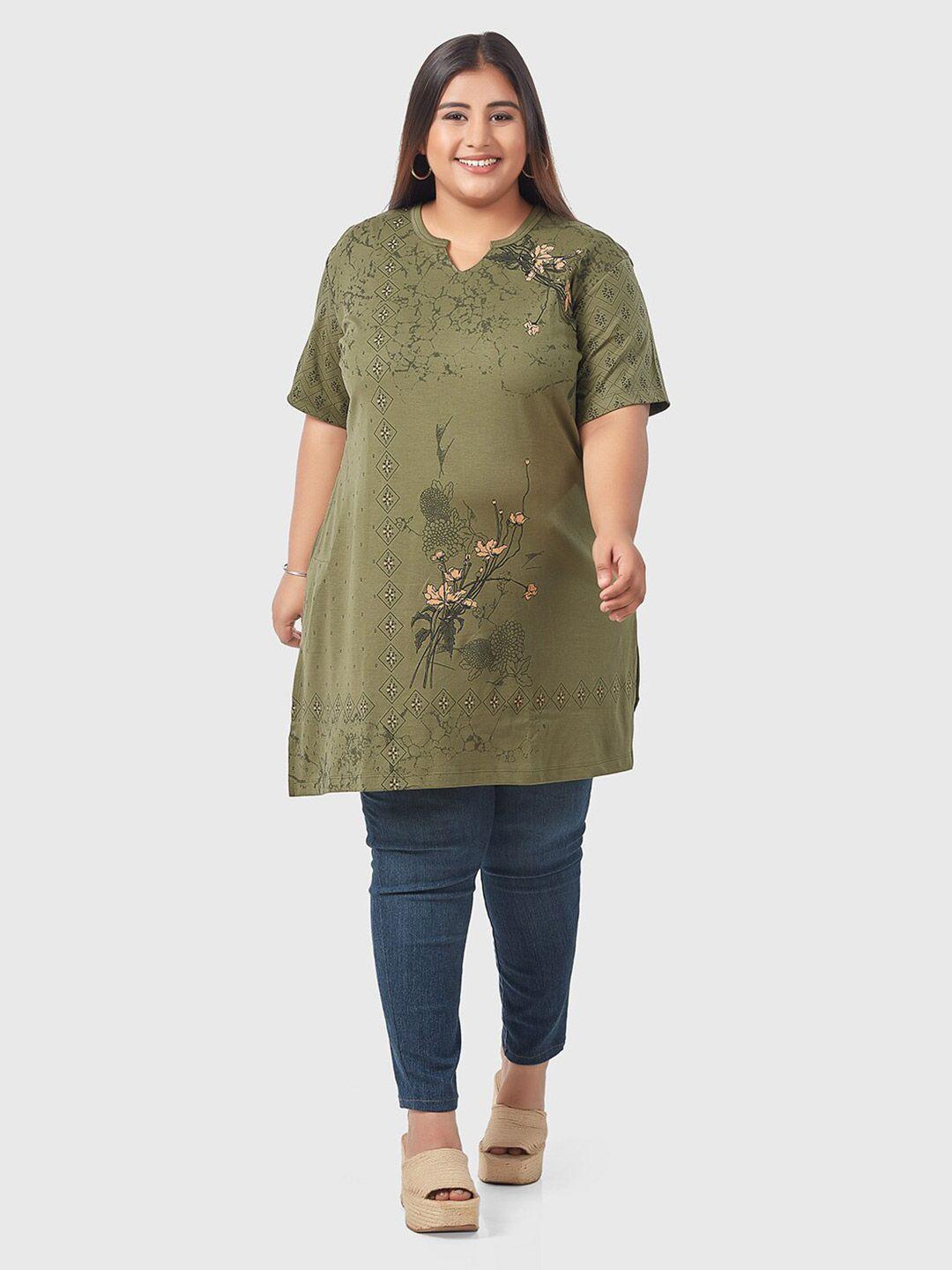 cupid plus size olive green floral printed cotton kurti