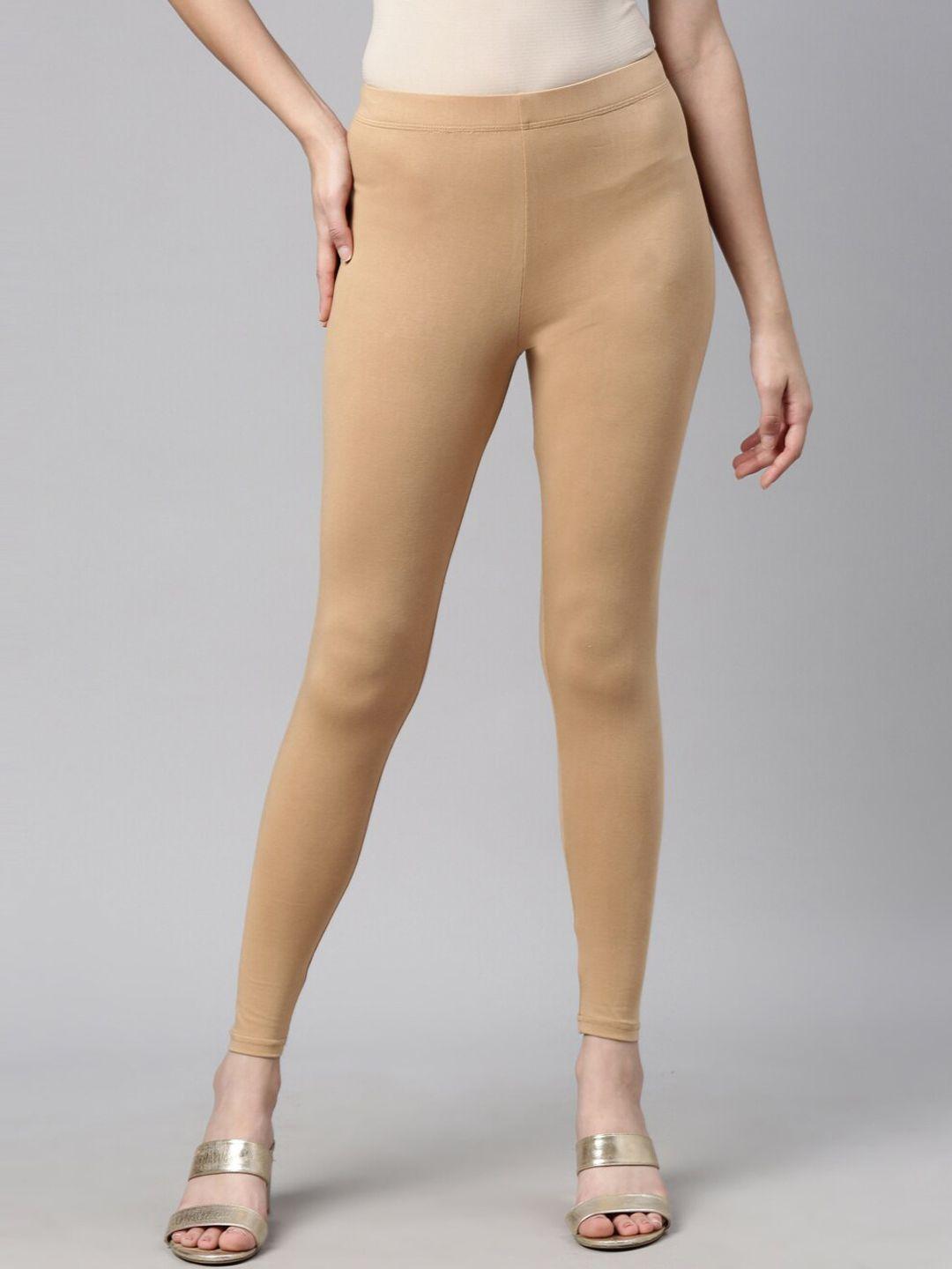 curare women tan brown solid cotton ankle-length leggings
