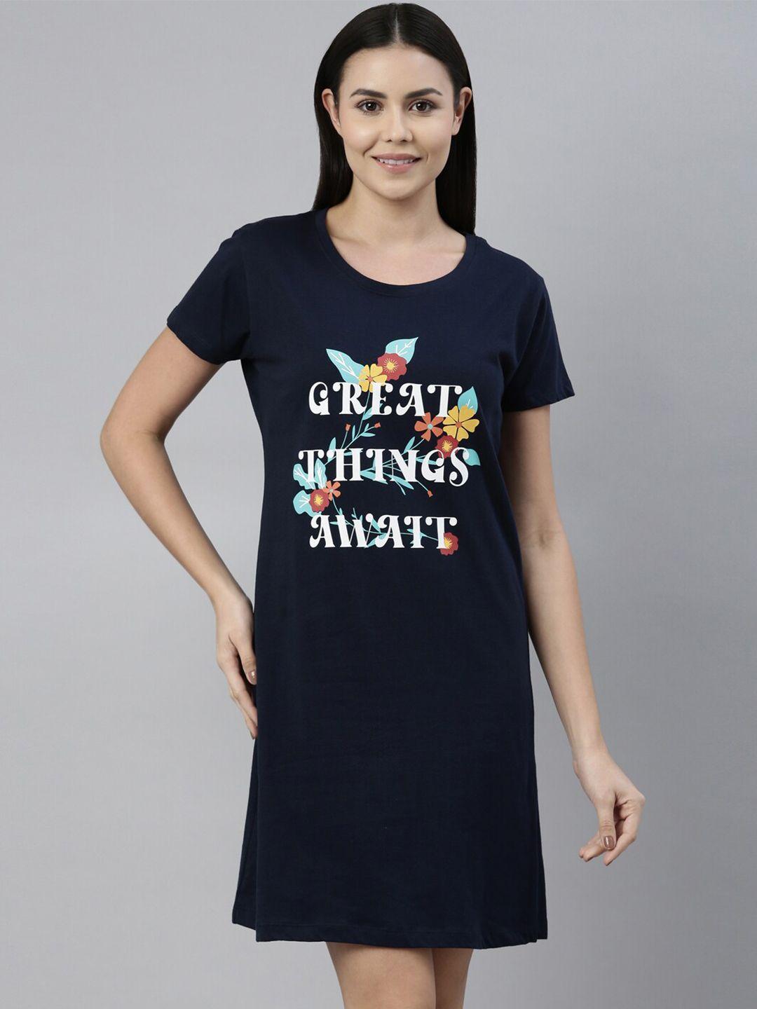 curare navy blue typography printed pure cotton t-shirt nightdress