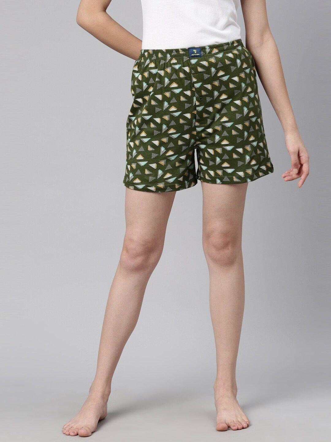 curare women olive green & white printed lounge shorts