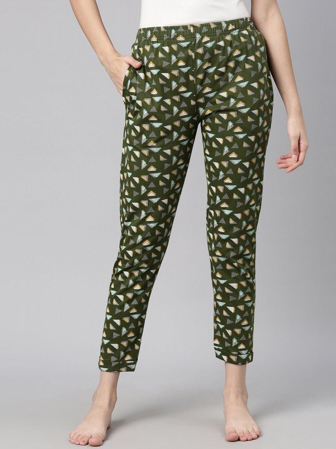 curare women olive green printed cotton  lounge pants