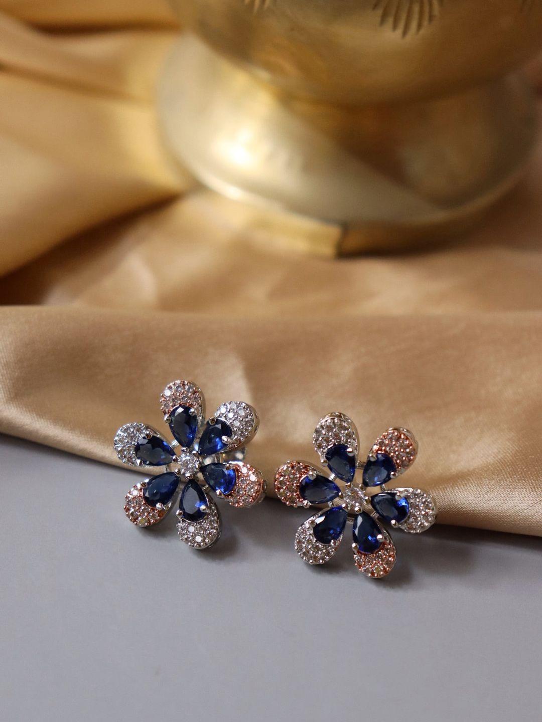 curio cottage blue & rose gold plated cz-studded floral studs earrings