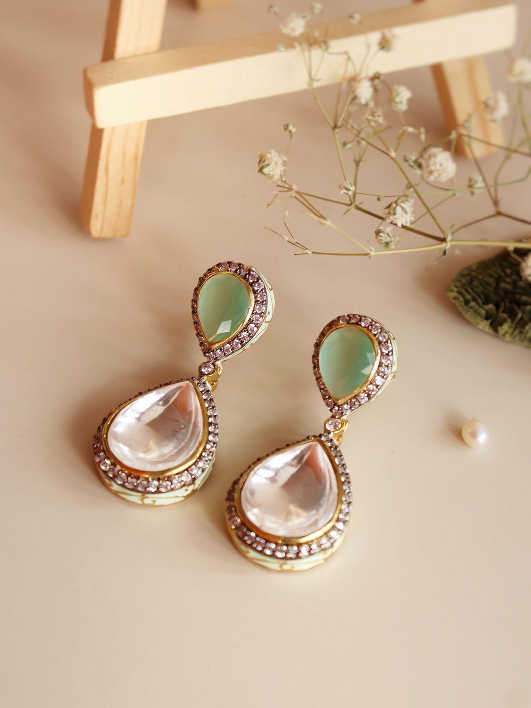 curio cottage gold-toned & green contemporary drop earrings