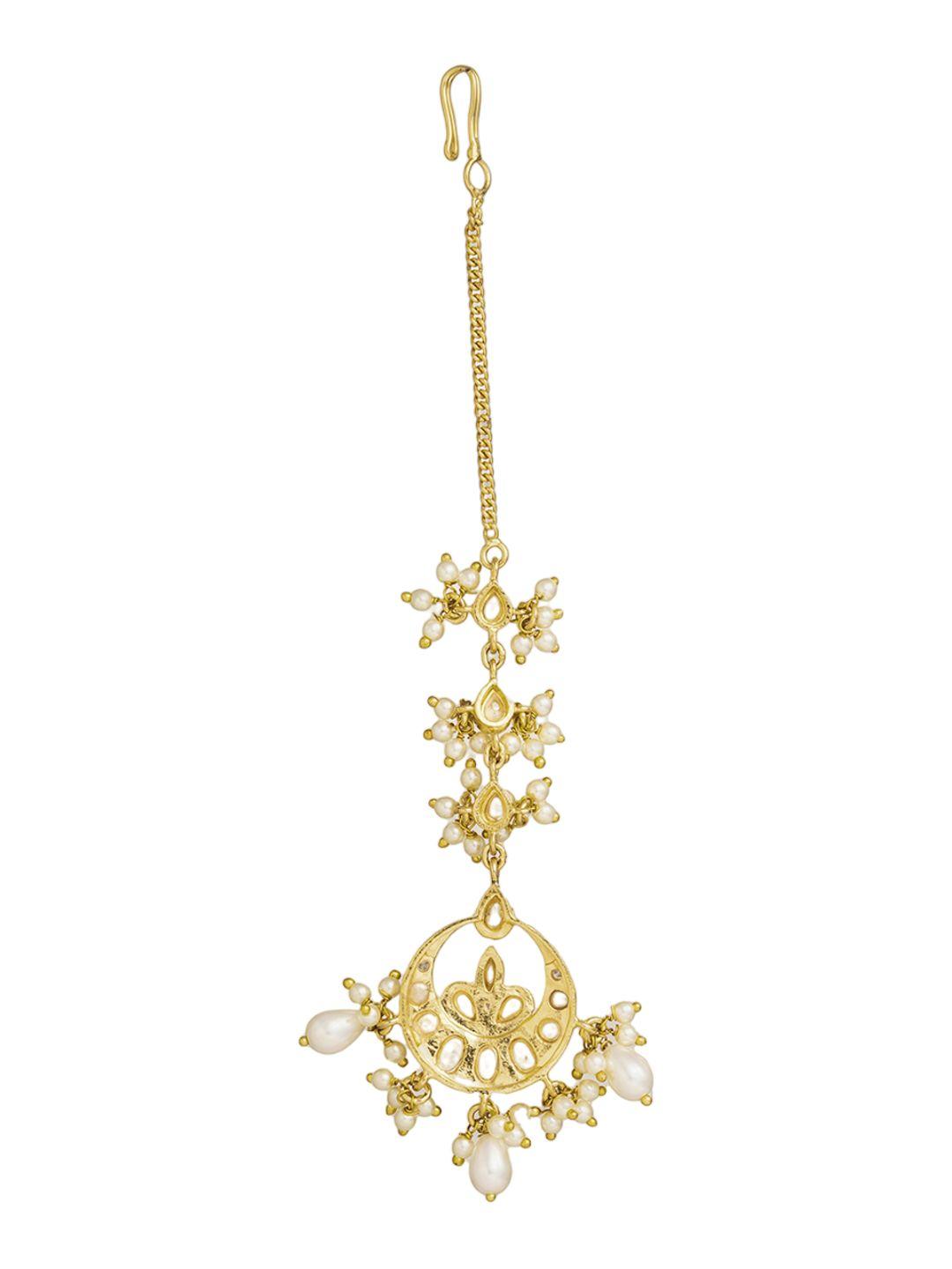 curio cottage gold-plated kundan-studded & pearl beaded maang tikka