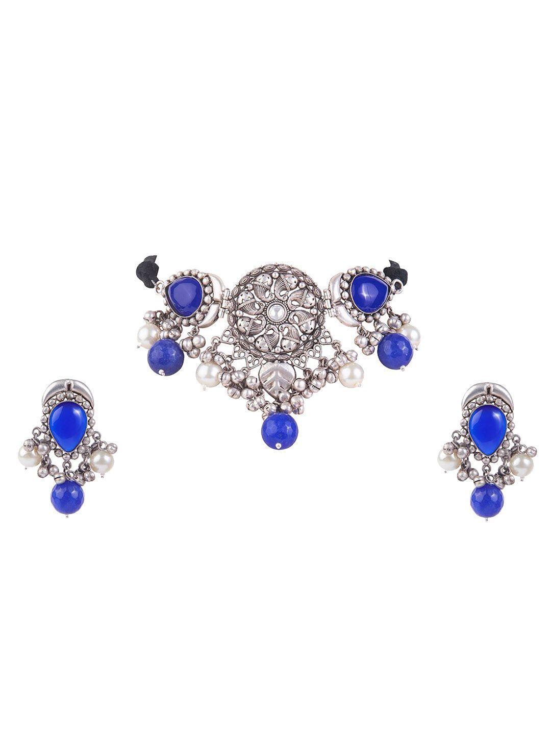 curio cottage oxidised silver-plated blue kundan studded jewellery set