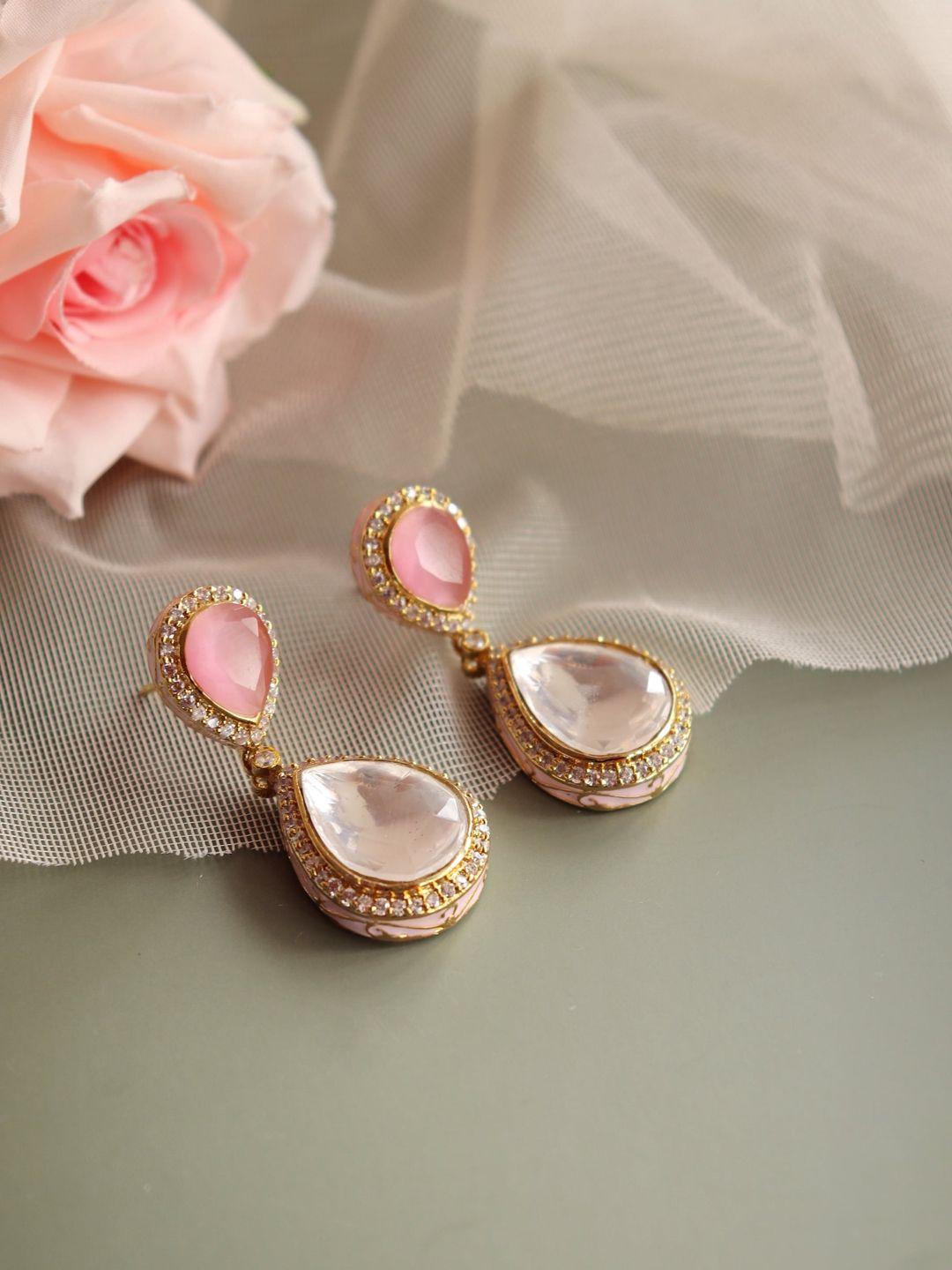curio cottage pink & gold-toned contemporary drop earrings