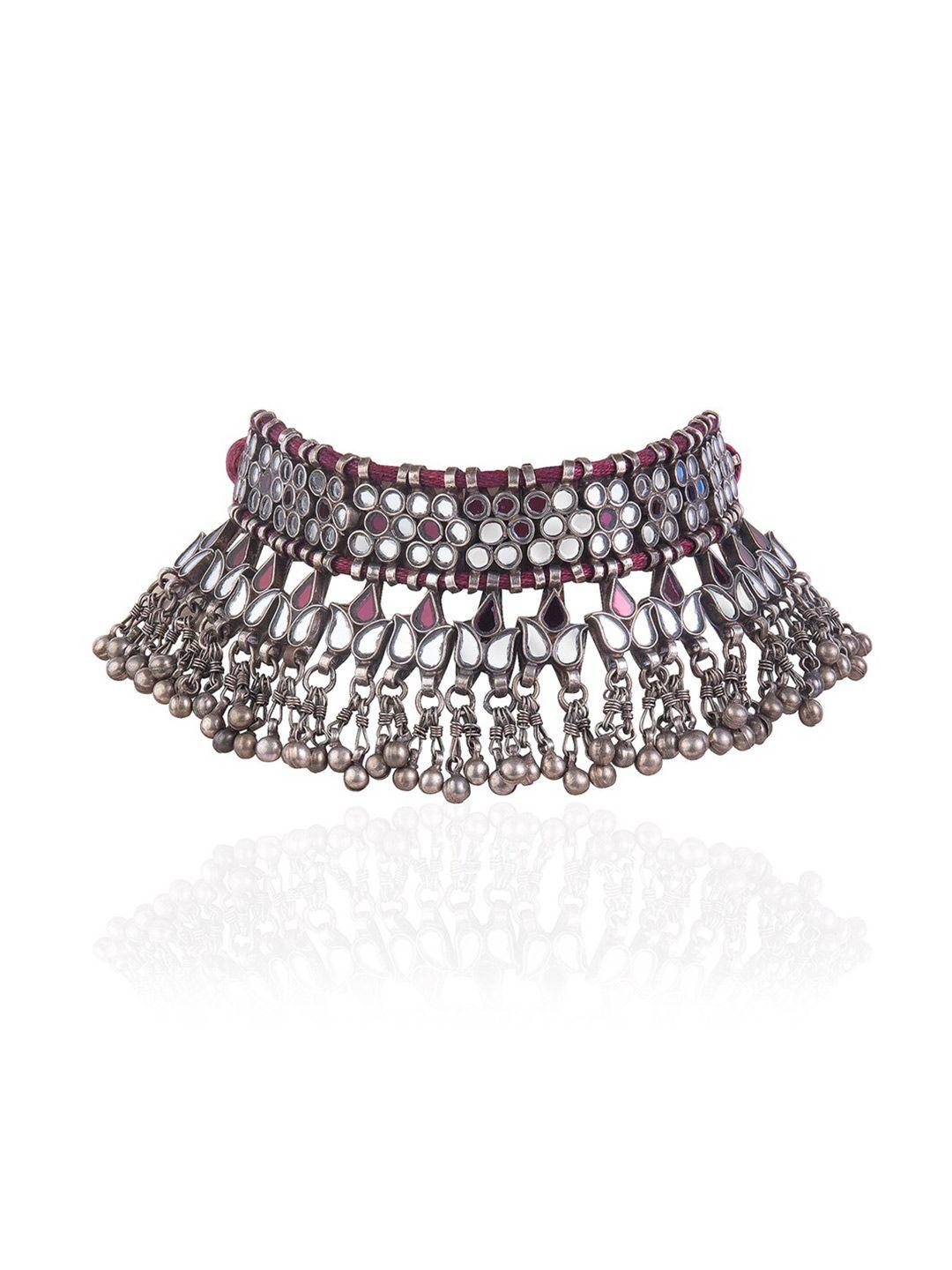 curio cottage red & silver-toned silver-plated oxidised choker necklace