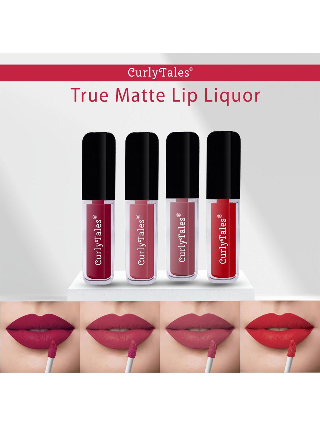 curlytales set of 4 lightweight & waterproof true matte liquid lipsticks 12 ml each- cherry red 07 - pink nude 08 - nude 09 - red 11