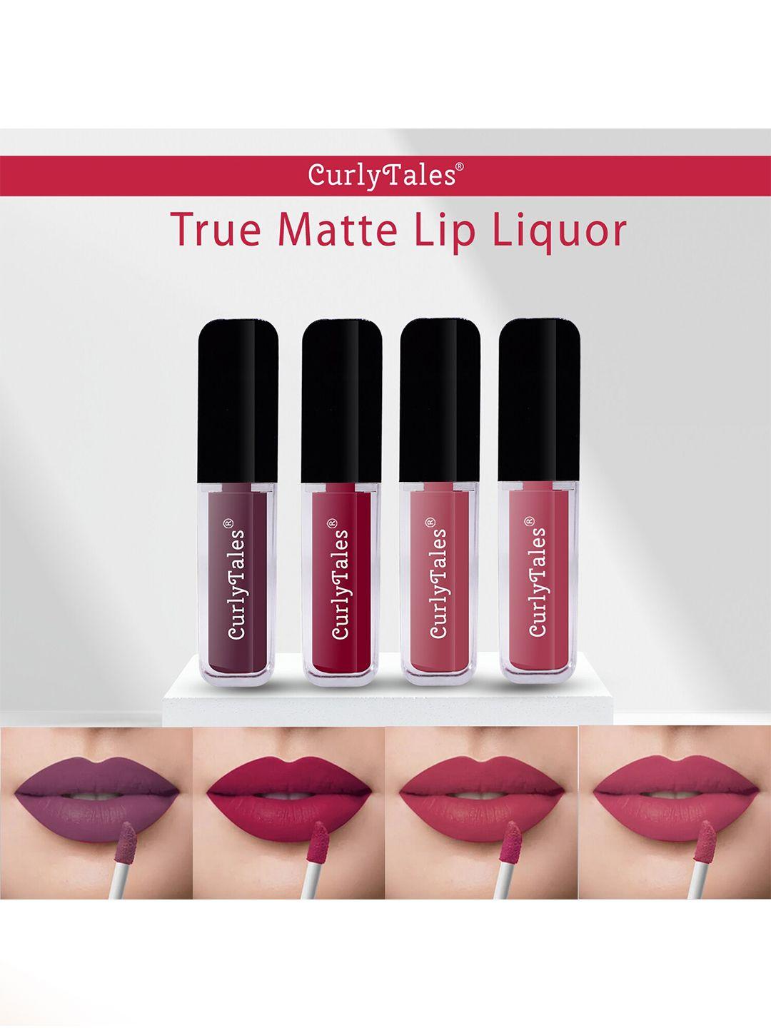 curlytales true matte set of 4 liquid lipstick - purple, cherry red, pink nude, peach