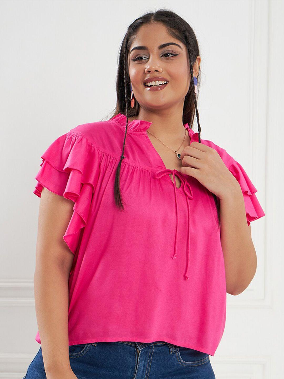 curve by kassually fuchsia mandarin collar flutter sleeves tie-ups pure cotton top