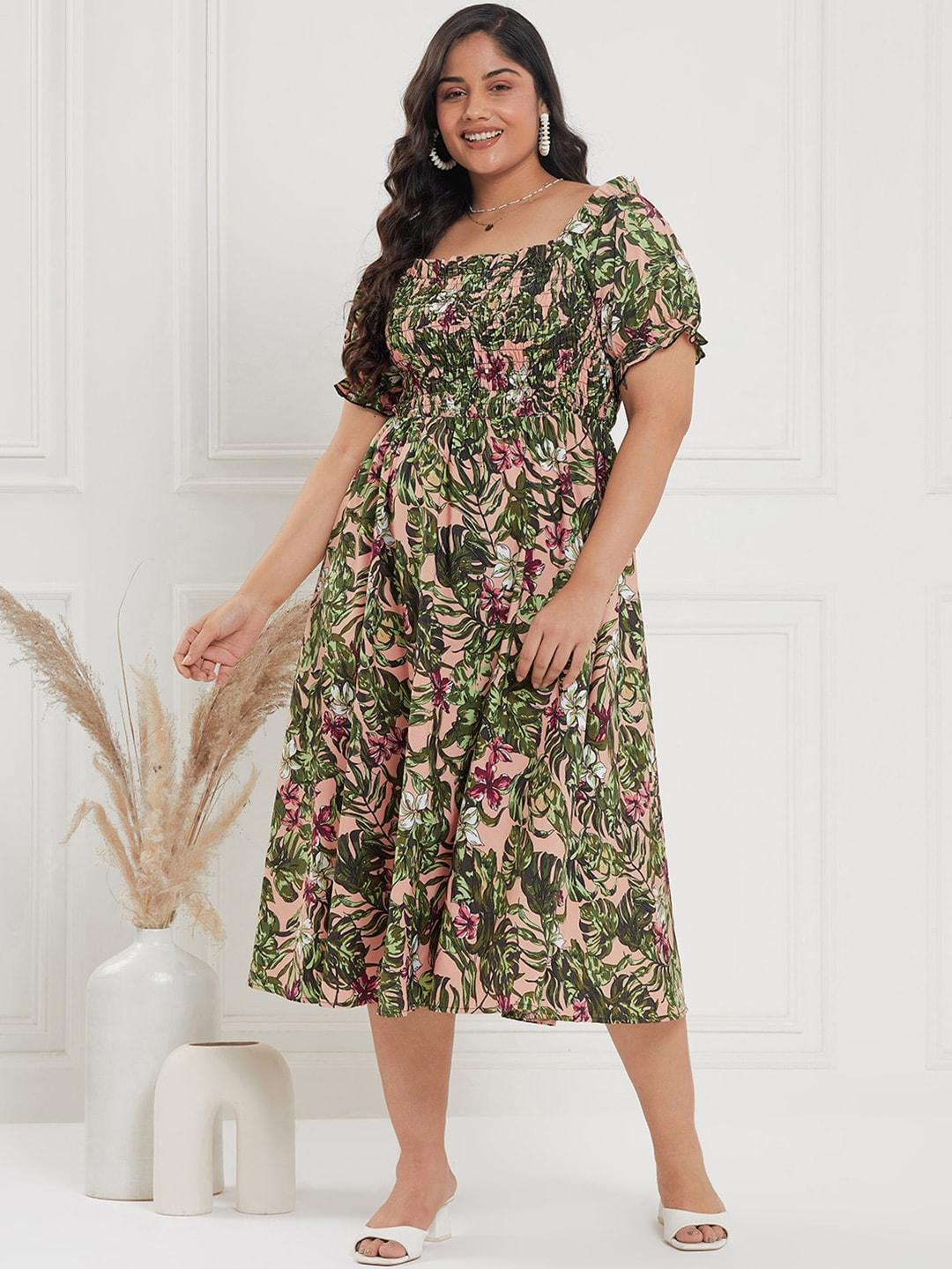 curve by kassually green plus size floral printed smocked  fit & flare dress
