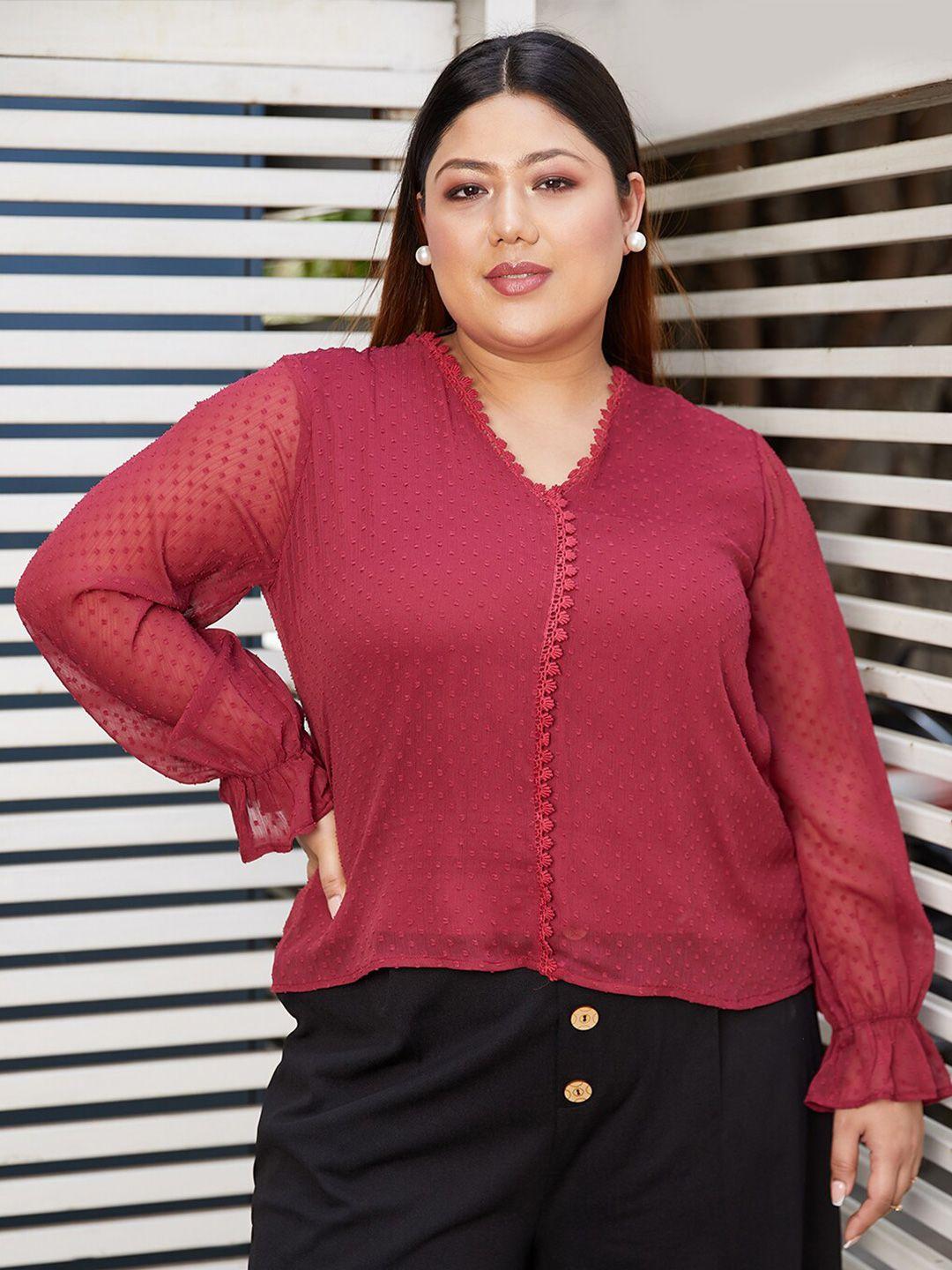 curve by kassually maroon plus size self design v-neck bell sleeve top