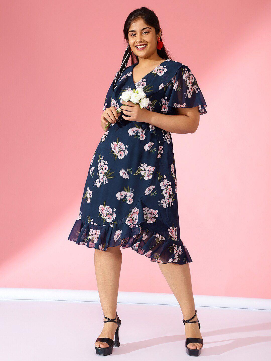 curve by kassually navy blue colour floral printed ruffled georgette fit & flare dress