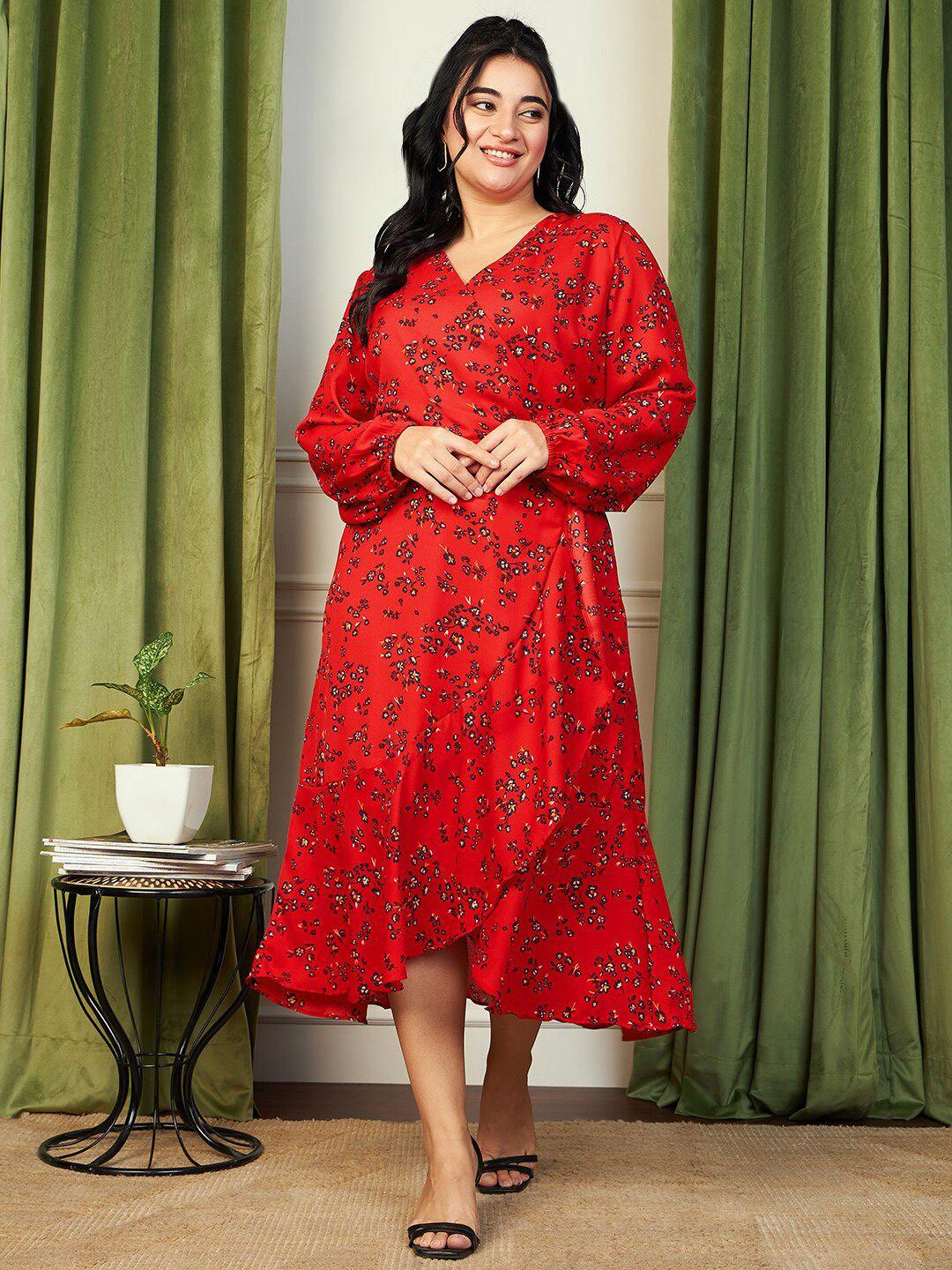 curve by kassually plus size red floral printed ruffled georgette wrap midi dress