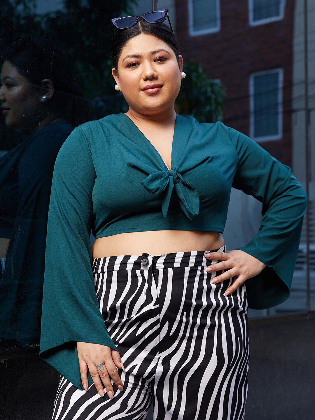 curve by kassually teal green plus size v-neck flared sleeve front knotting crop top