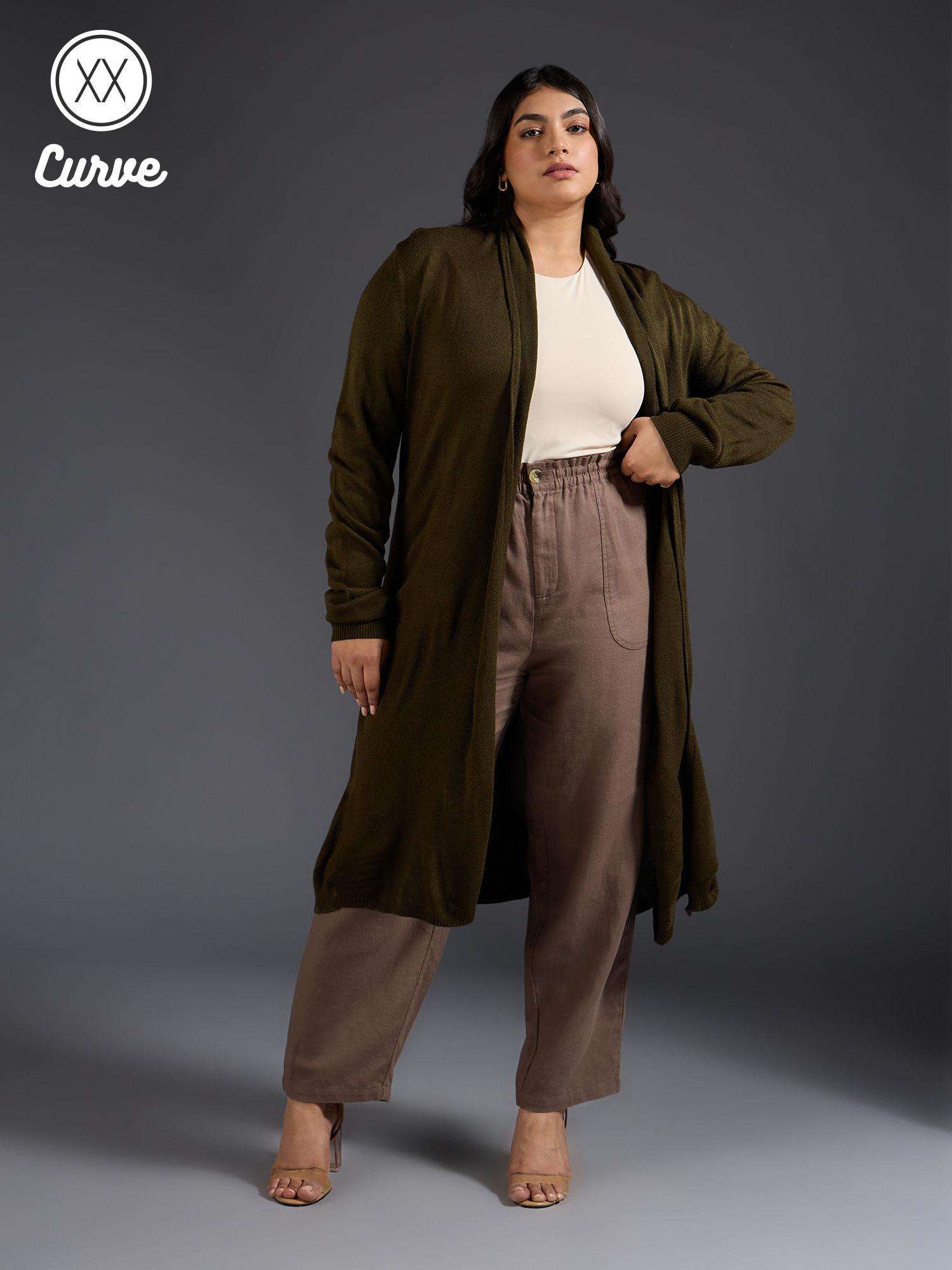 curve olive green solid open front longline cardigan