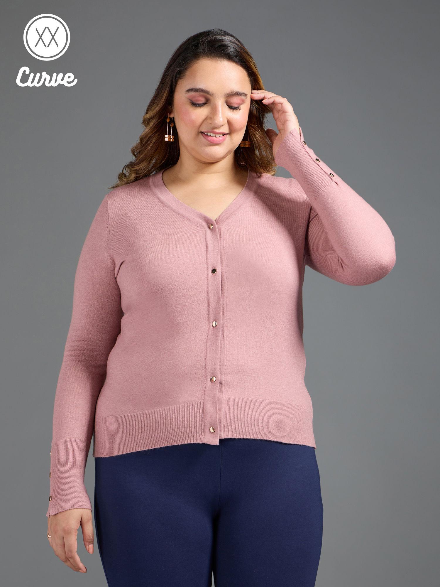 curve pink solid v neck buttoned sleeves cardigan