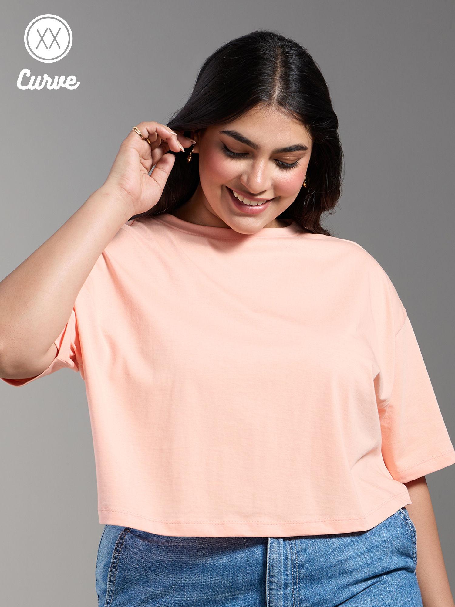 curve apricot orange solid oversized crew neck basics crop t-shirt