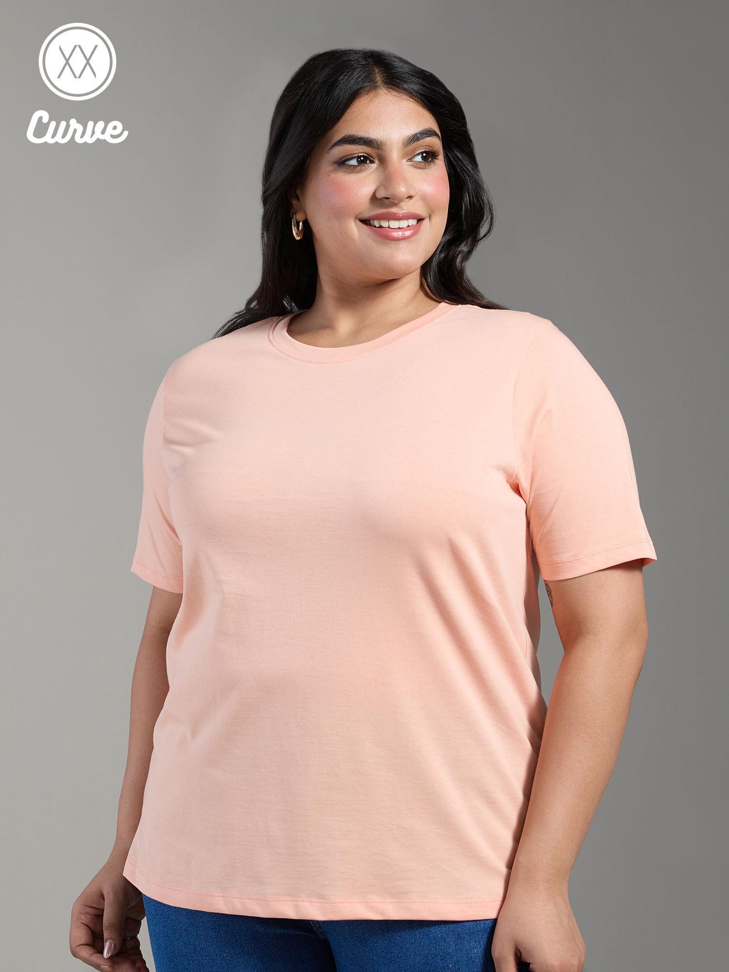 curve apricot pink solid crew neck short sleeves basics t-shirt