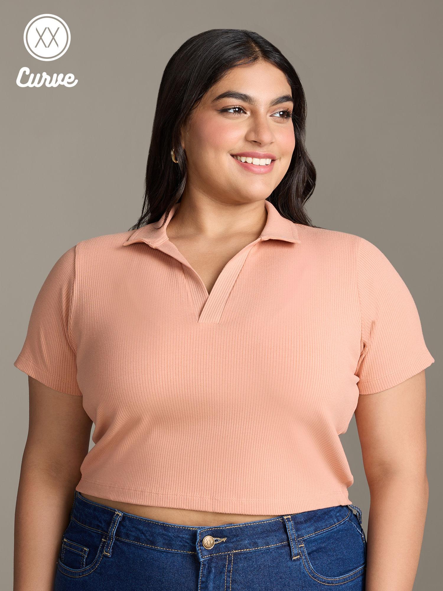 curve apricot solid collared neck short sleeves crop t-shirt