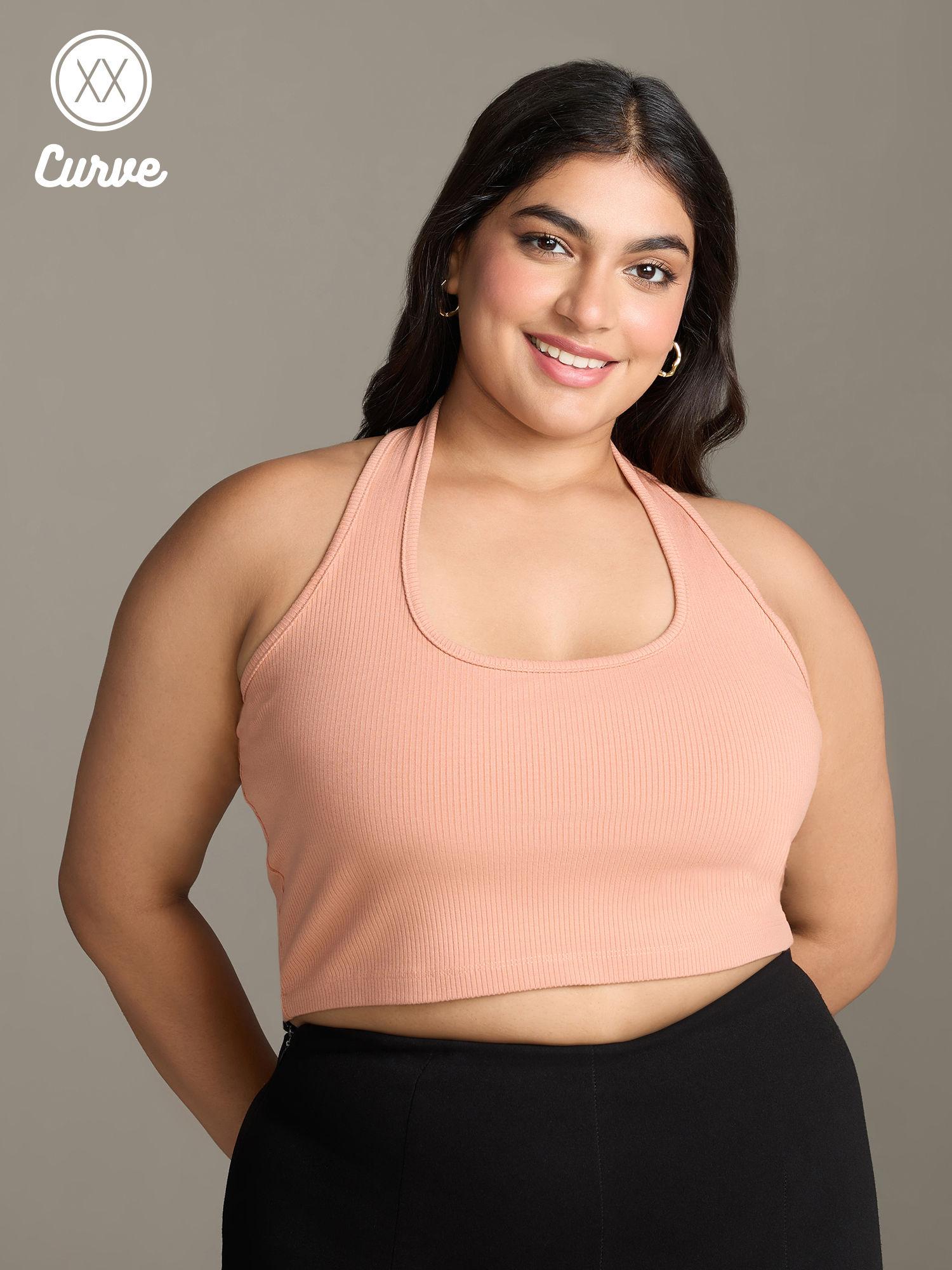 curve apricot solid halter neck sleeveless crop t-shirt