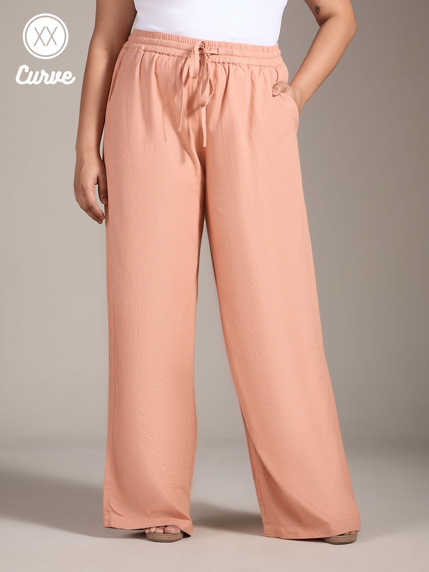 curve apricot solid mid waist straight linen pants