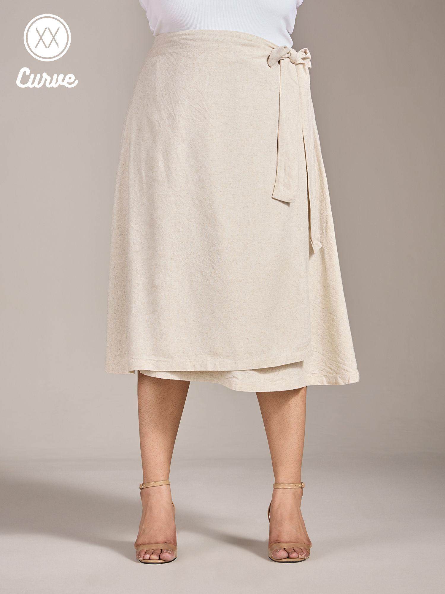 curve beige a line wrap linen midi skirt