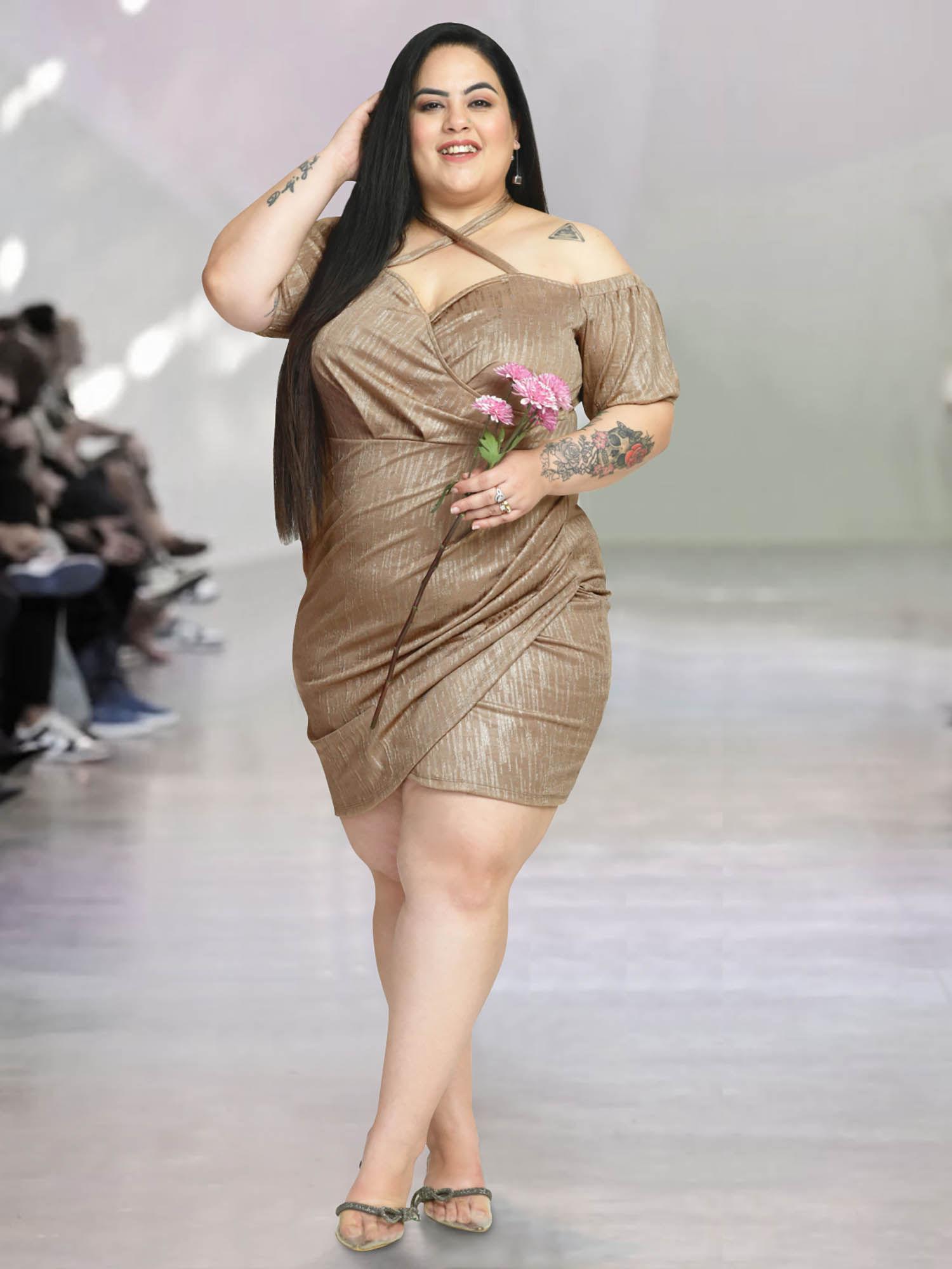 curve beige shimmer plus size off shoulder wrap dress