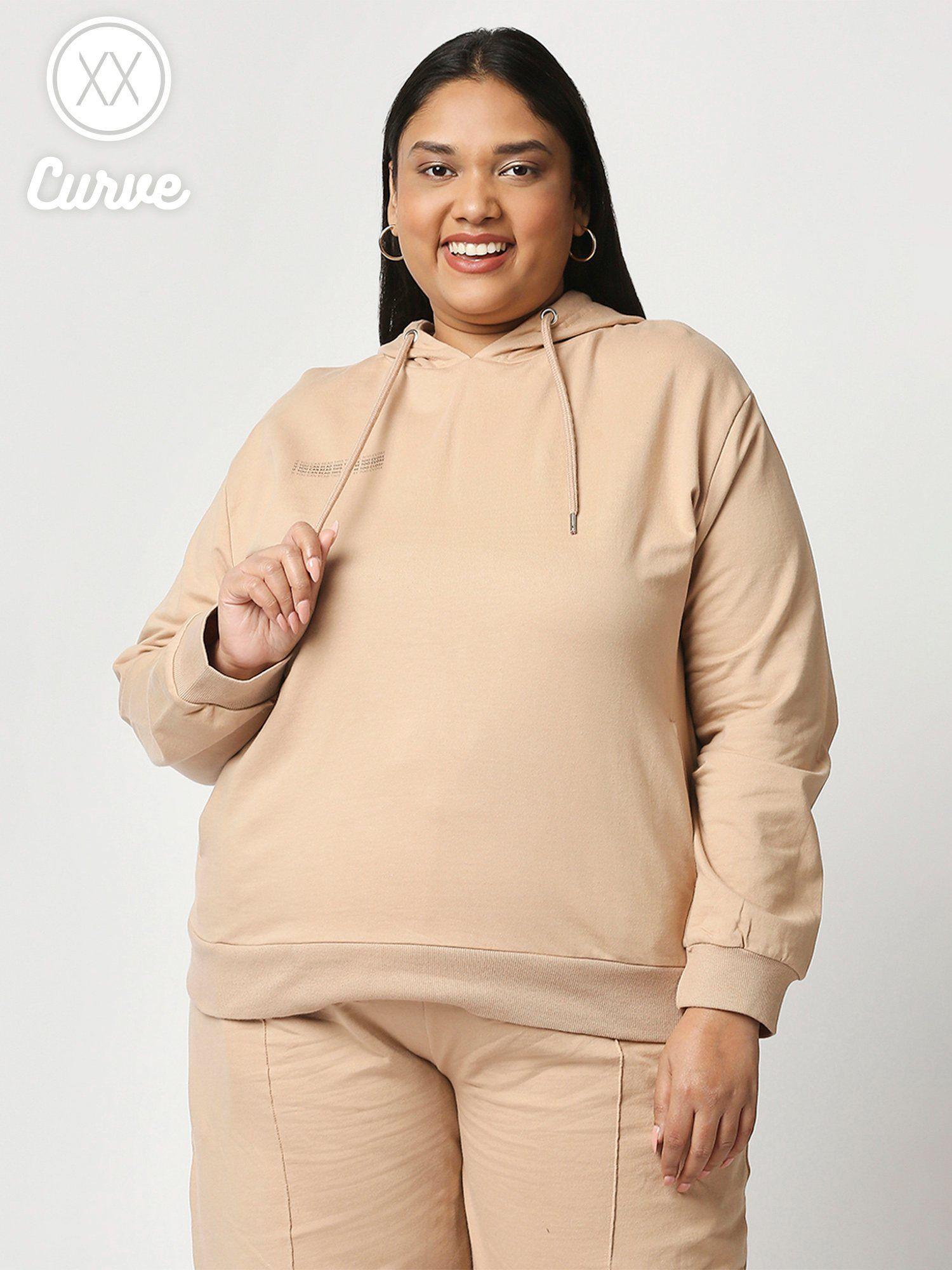 curve beige solid full sleeves basics hoodie