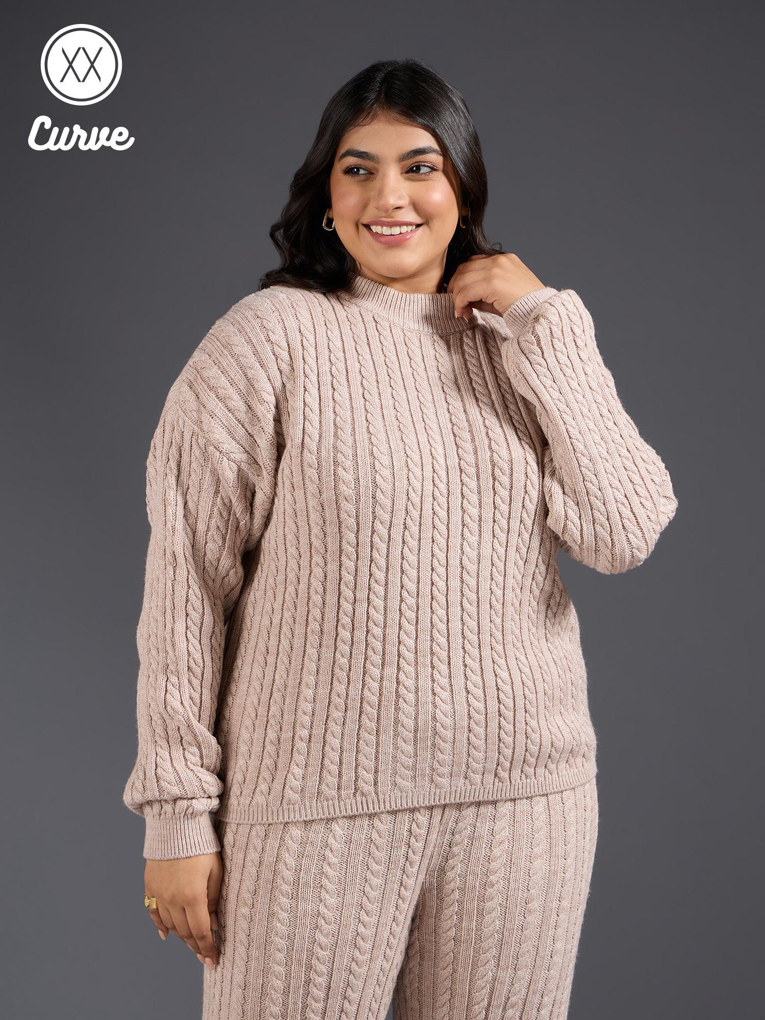curve beige solid high neck sweater