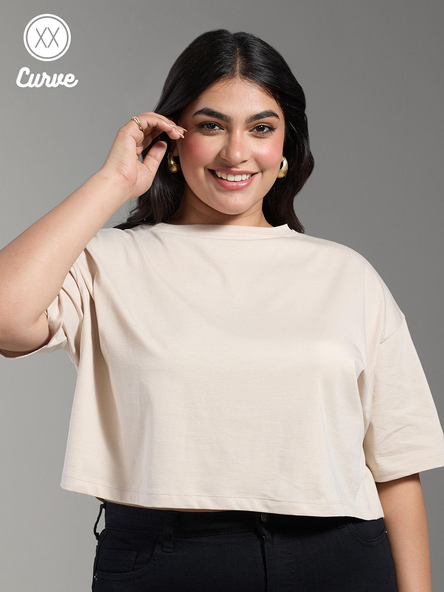 curve beige solid oversized crew neck basics crop t-shirt