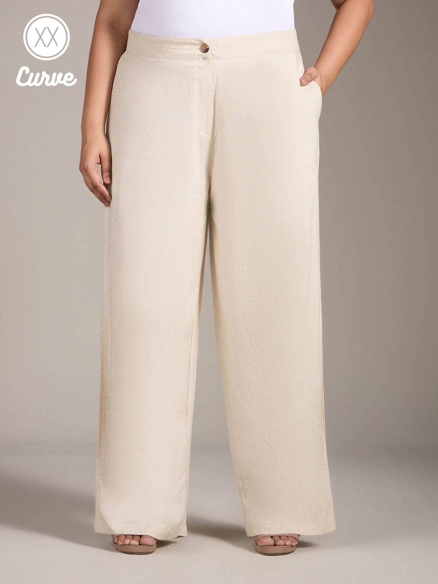 curve beige solid straight fit linen pants