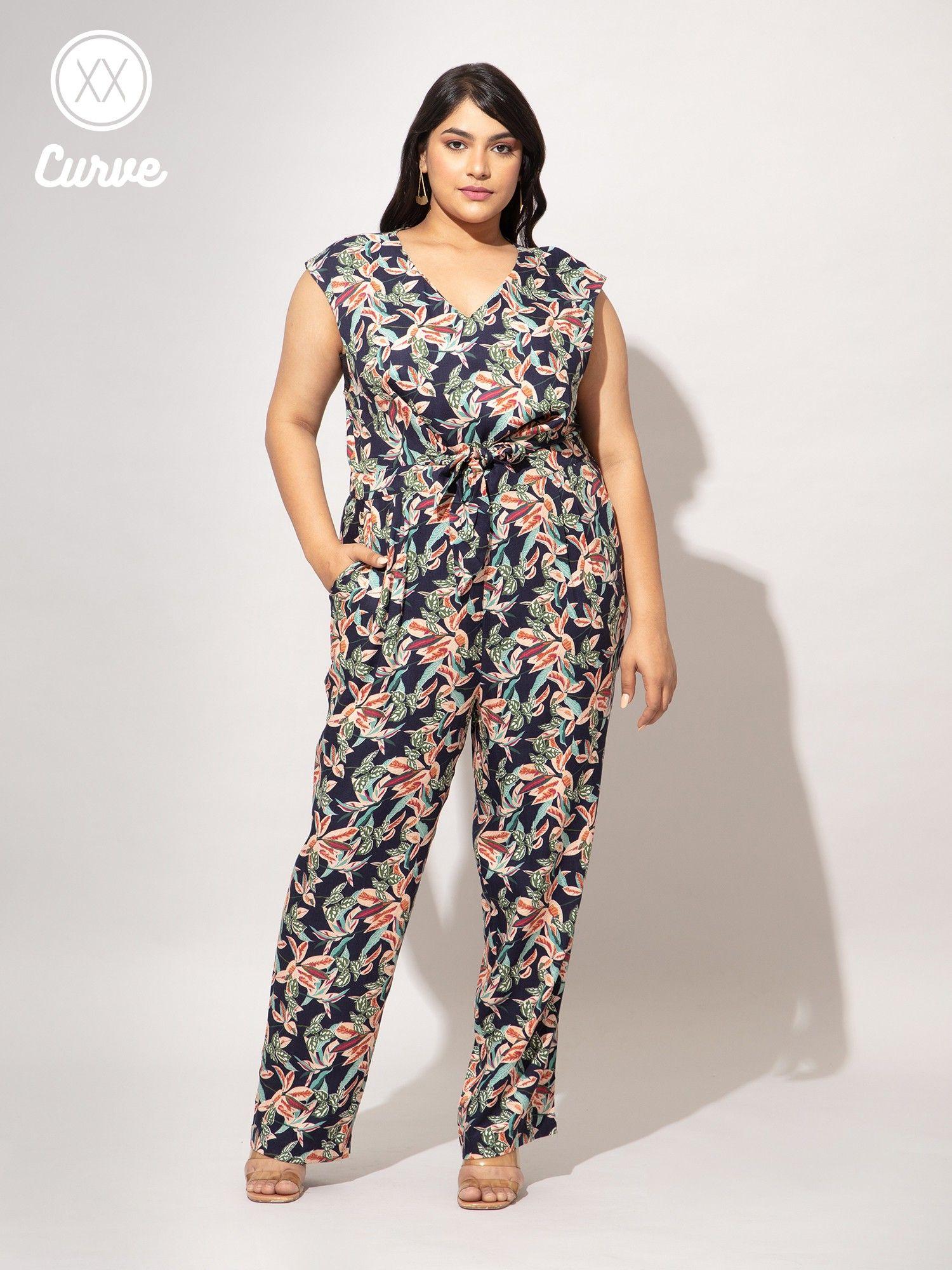 curve black and multicolor floral v neck jumpsuit