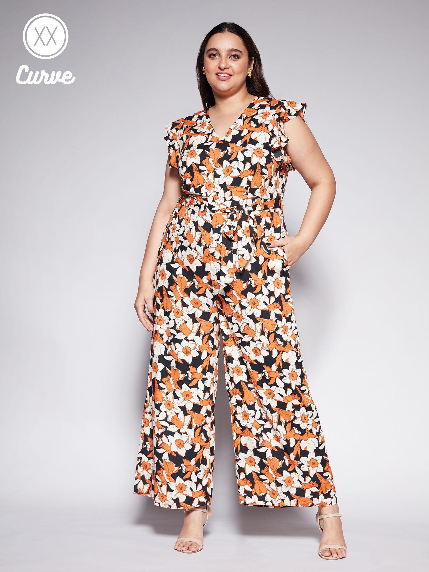 curve black and rust floral v neck wide leg work jumpsuit